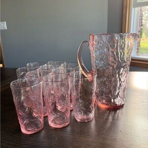 Vintage Morgantown Crinkle Glass Pink San Juan Pitcher w/ 10 - 10oz Tumblers
